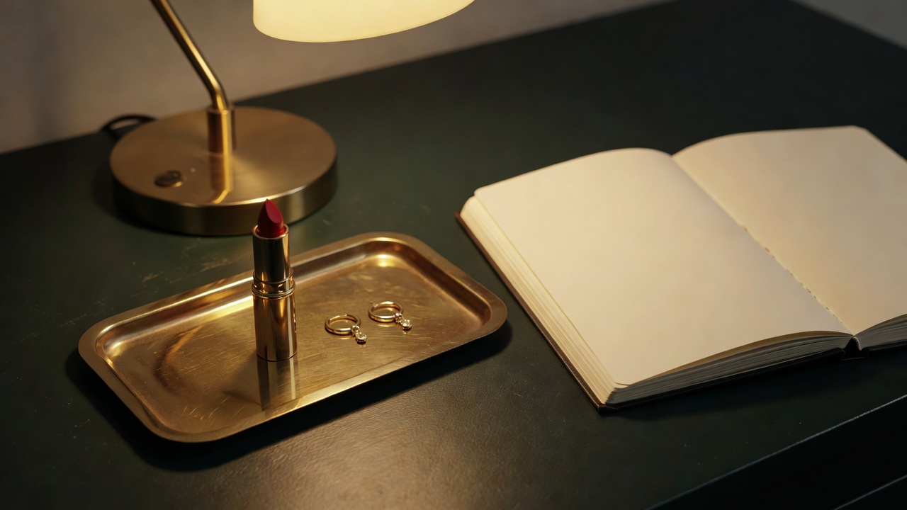 Brass vanity tray holding a lipstick, a pair of earrings and an open notebook on a dark green desk under a low lamp