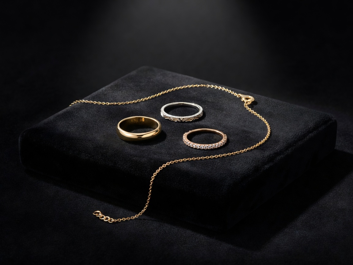 Three gold rings and a thin chain bracelet arranged on black velvet with sharp highlights and deep shadow