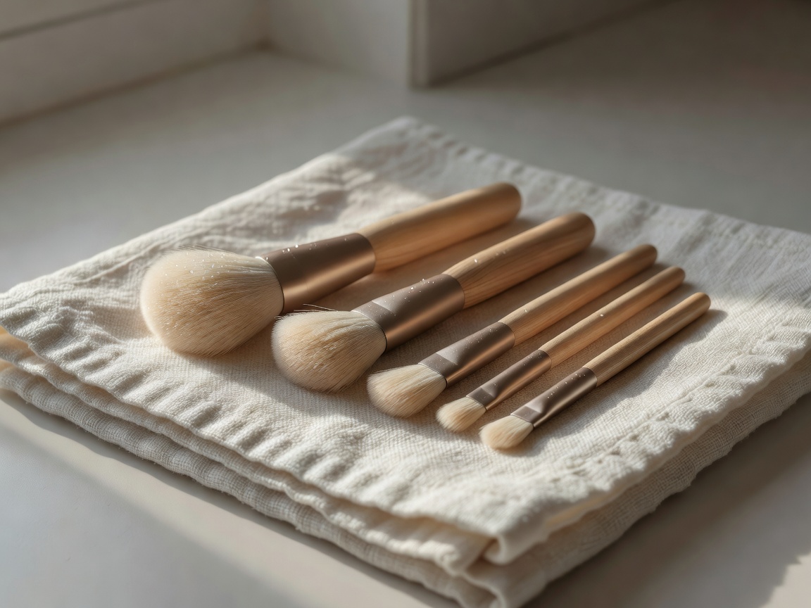 Clean makeup brushes laid flat at the edge of a dark counter on a linen towel, drying in soft side light