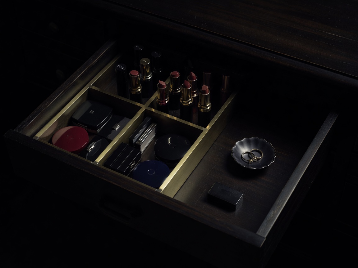 Dark wooden vanity drawer with brass-edged dividers separating compacts, lipsticks and a small ring dish in deep shadow