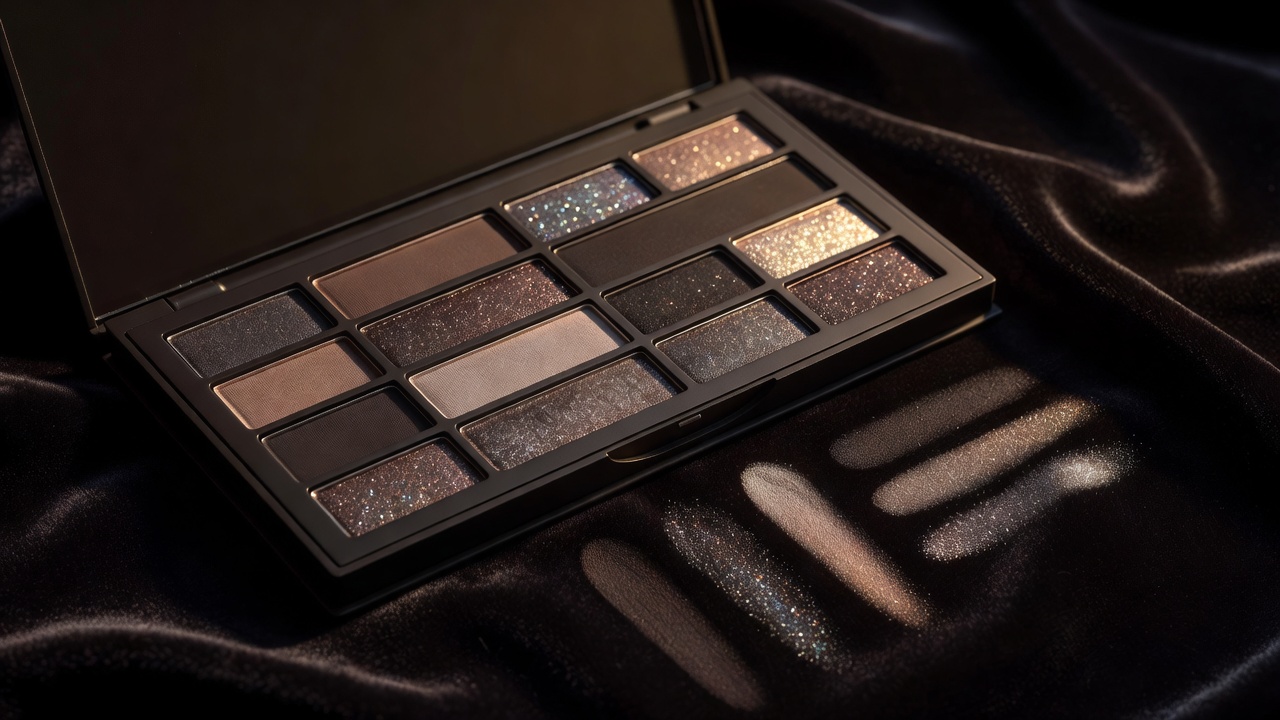 Matte, satin and shimmer eyeshadow swatches pressed in a dark palette resting on black velvet under a single warm lamp